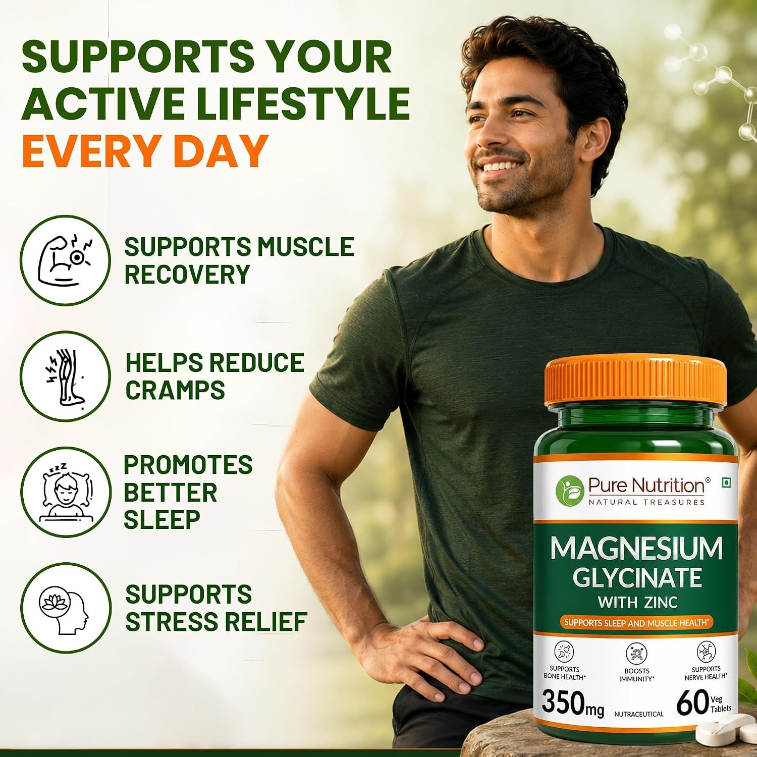 Pure Nutrition Magnesium Glycinate with Zinc Supplement 60 TABLET LONG EXPIRY