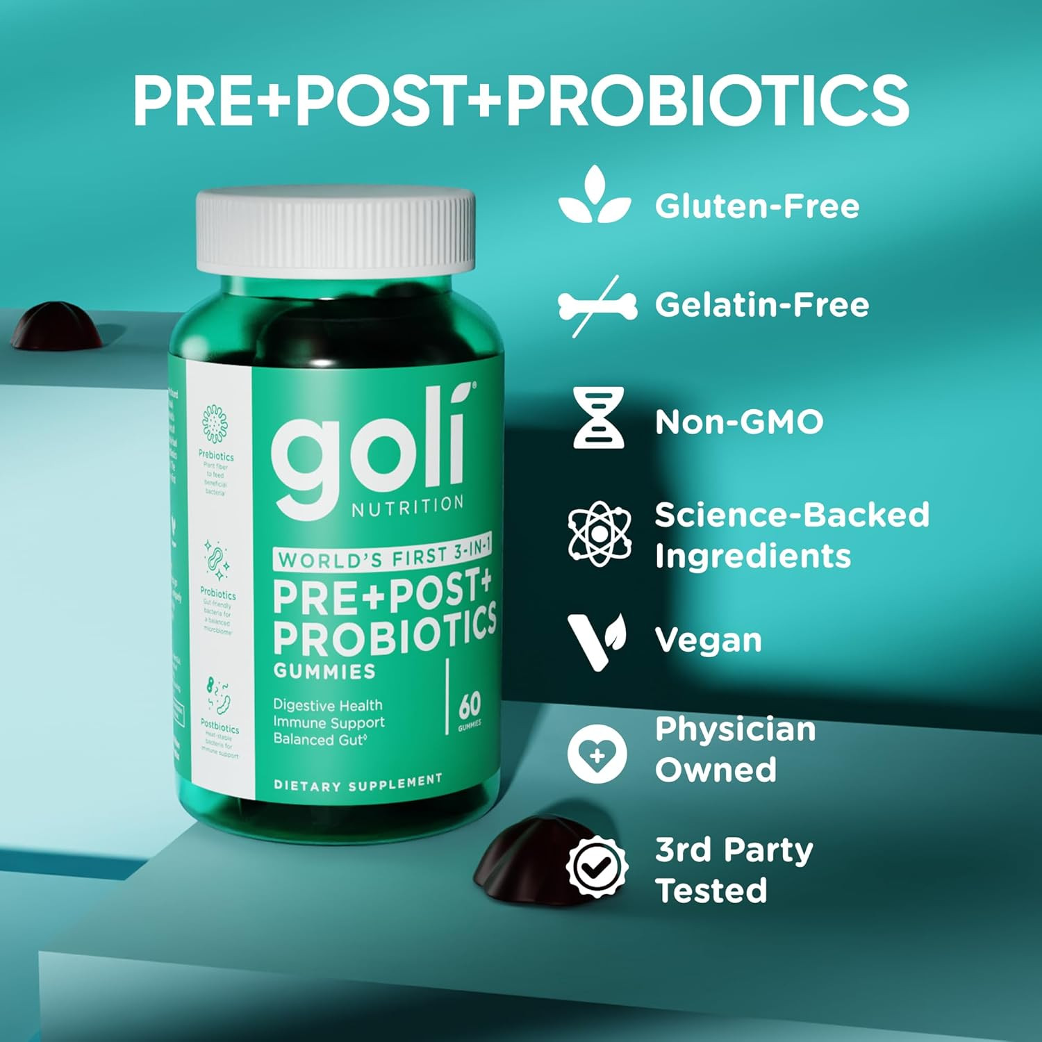 Pre Pro Postbiotic Gummies, 3-in-1 Gut Health Formula, Vegan, 60 Count