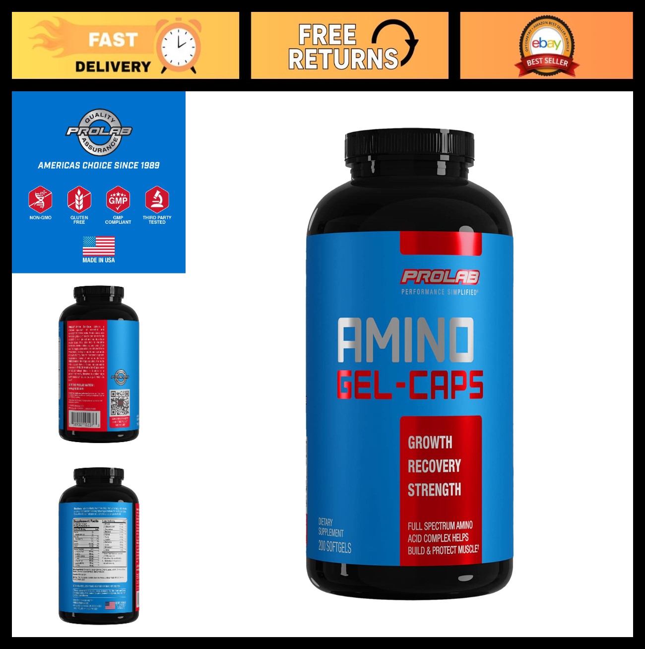 High-Potency Essential Amino Acids Gel-Caps, 200 Softgels for Muscle Recovery