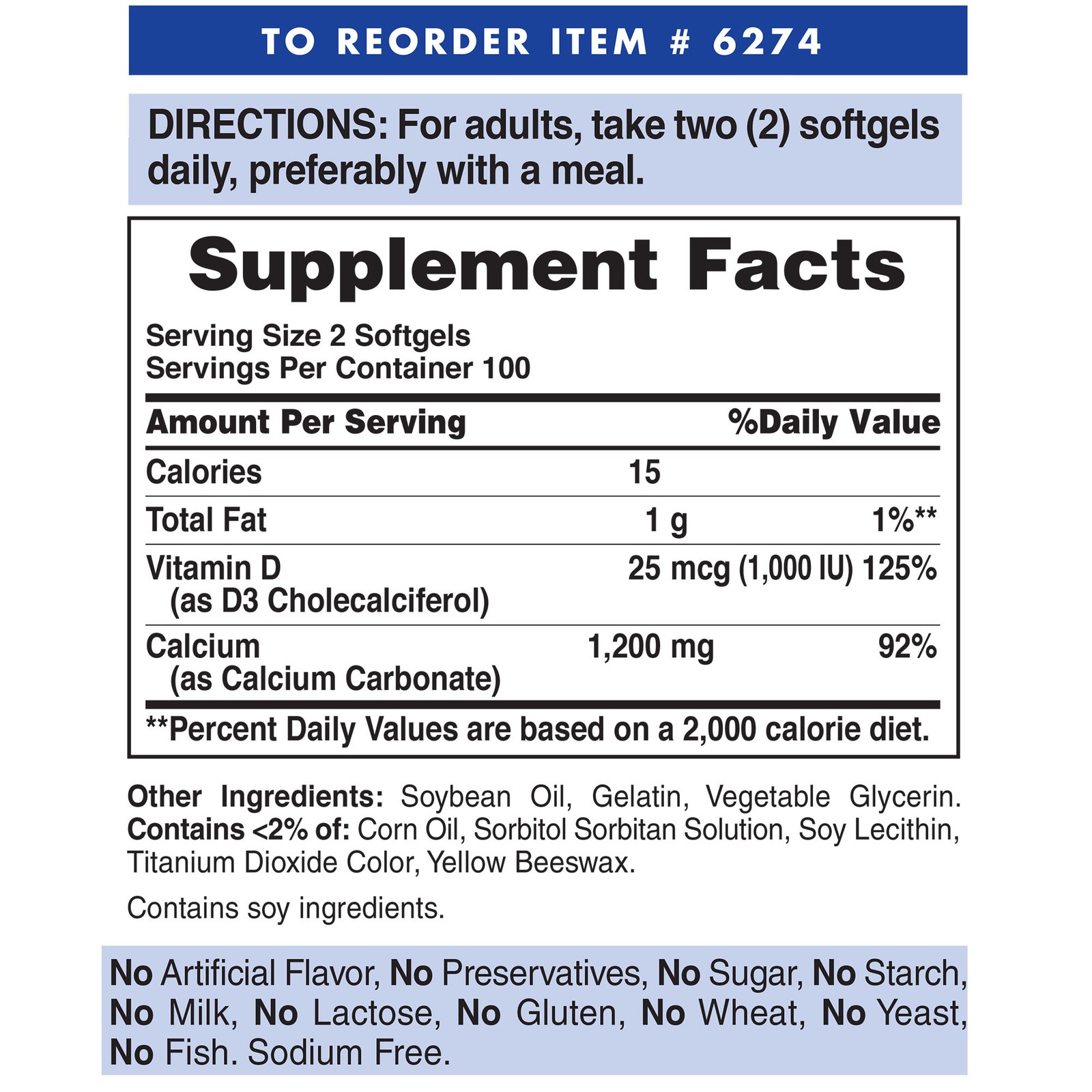 Puritan’s Pride Absorbable Calcium 1200 mg with Vitamin D3 1000 IU -200 Softgels