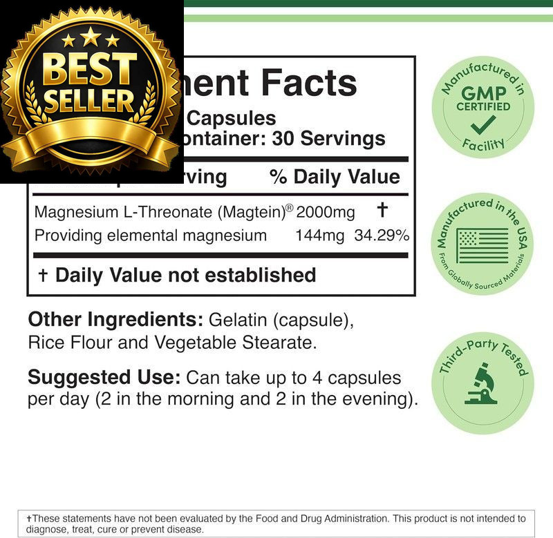 Magnesium L Threonate, Magtein – NSF Certified – Sleep 120 Count (Pack of 1)