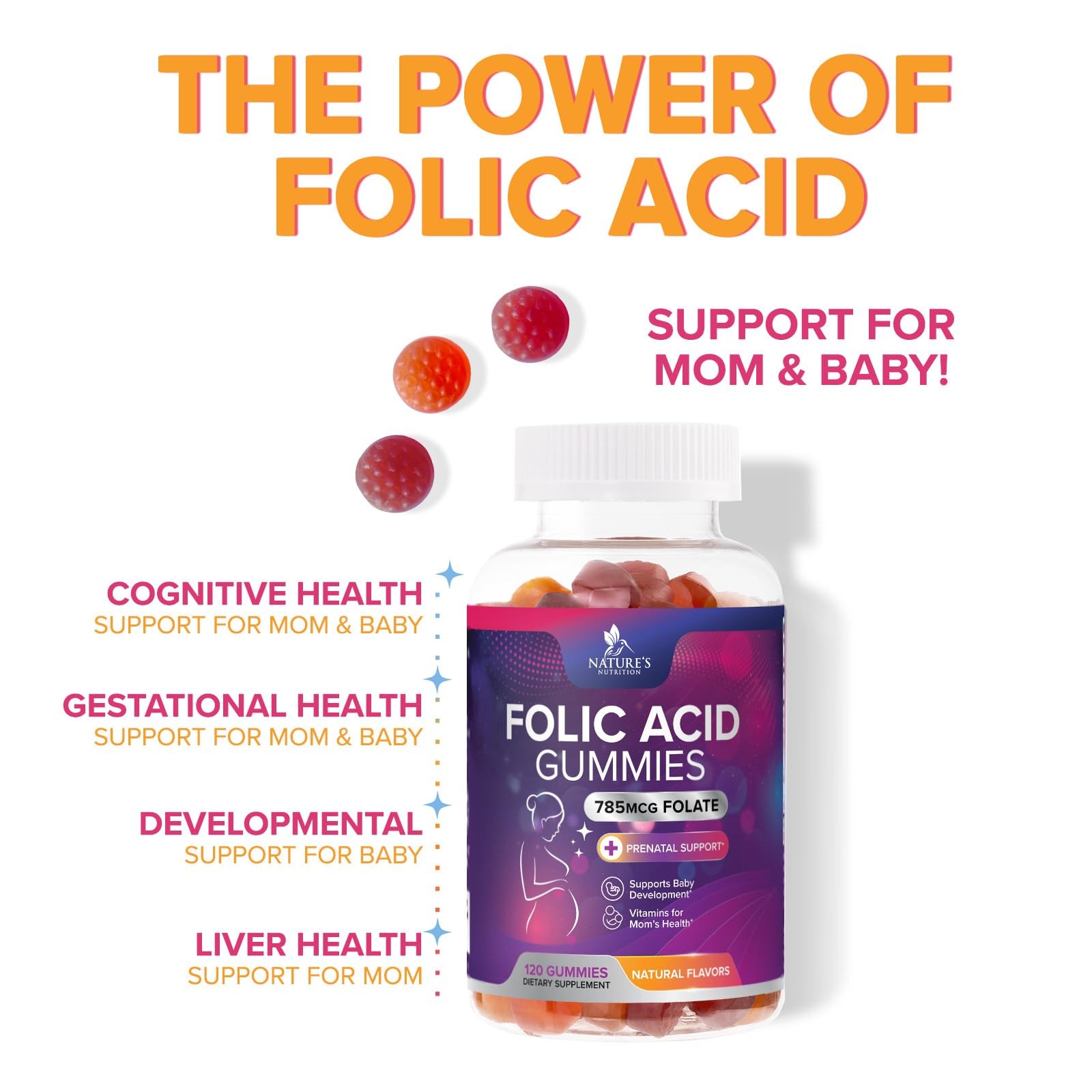 Folic Acid Gummies for Women – Folate 785 mcg Per Gummy 120 Count (Pack of 1)