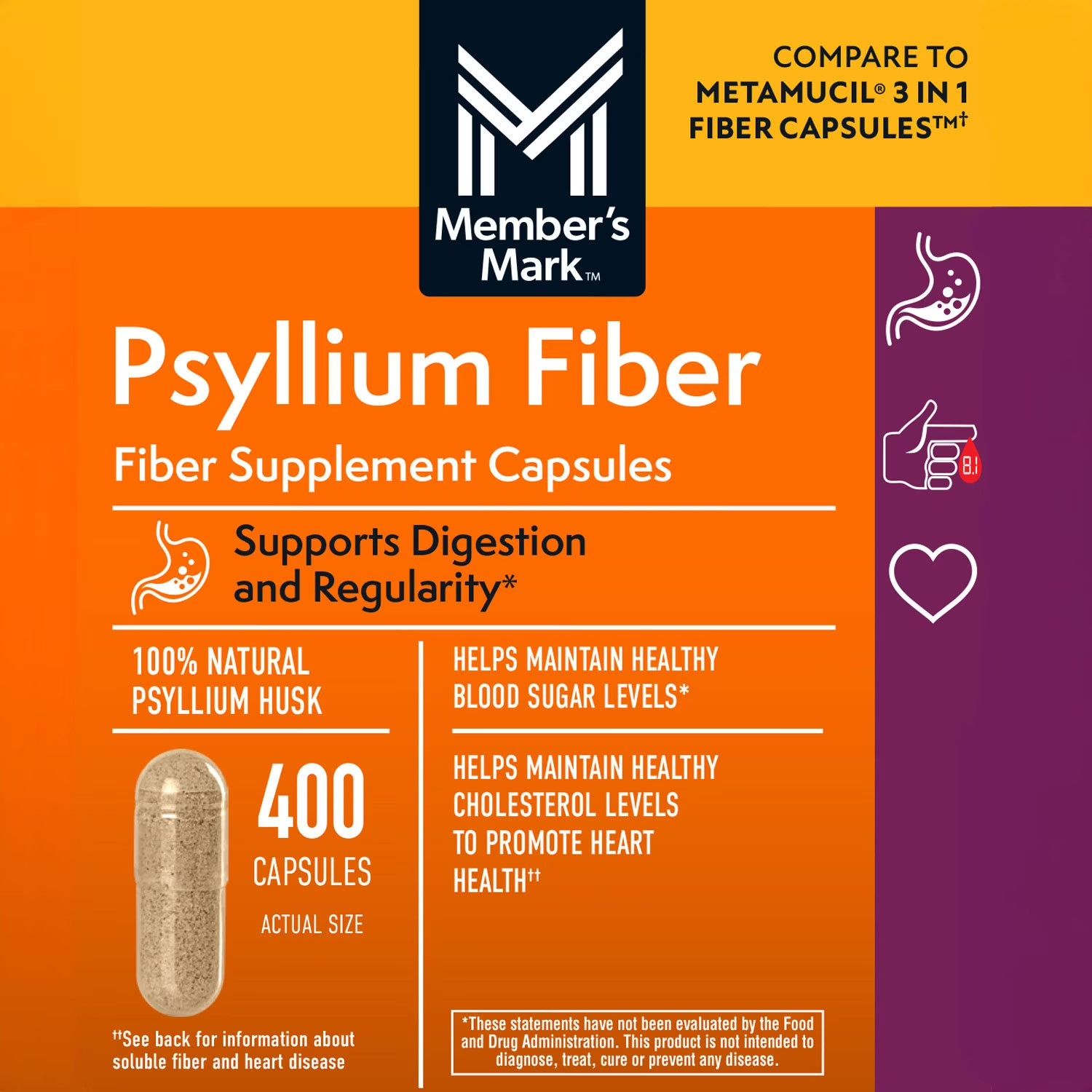2 Pack – Member’s Mark Fiber Capsules 100% Psyllium 400 ct (Total 800)