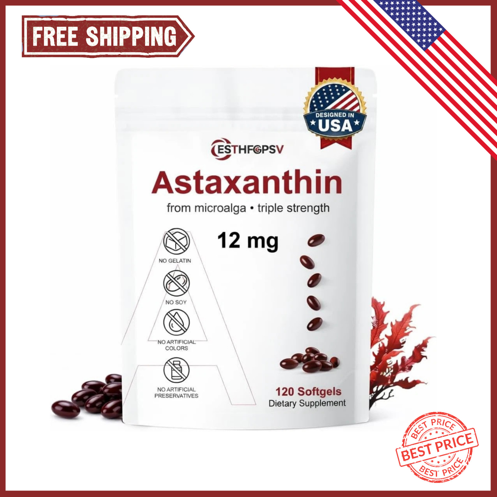 Astaxanthin 12mg 120 Softgels, 4 Month Supply,Triple Strength,Non-GMO,Eye Health