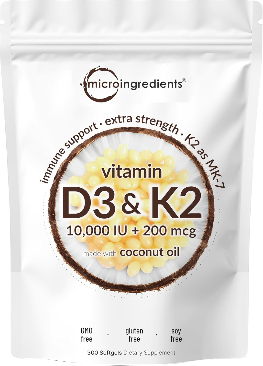 1x Vitamin D3 & Dietary K2 Softgels 300 Supplement Coconut Oil Ingredients Micro