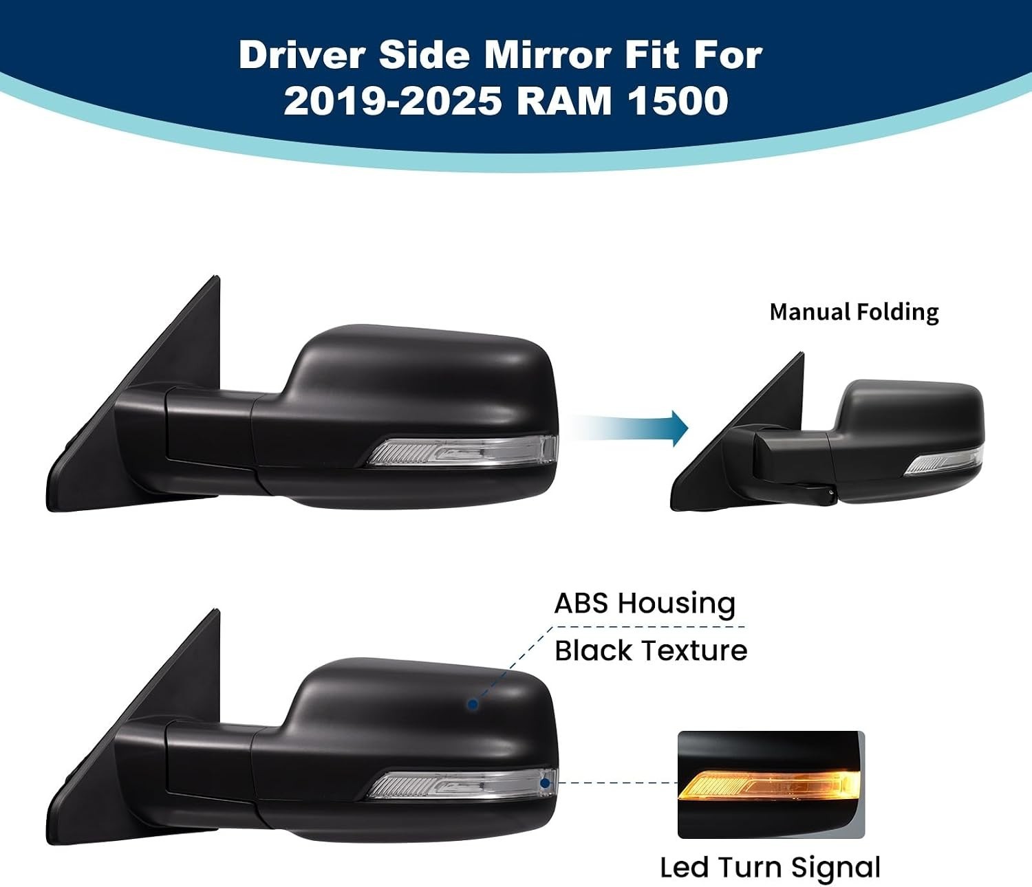 Left Driver Side Mirror for 2019-2025 Ram 1500 with Manual Folding/Heated/Power