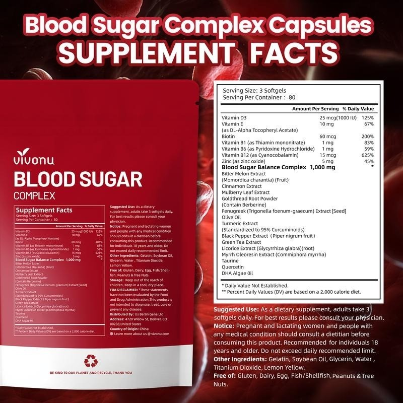 1-3 PCS Vivonu Blood Sugar Complex with 20+ Active Ingredients – 240 Softgels