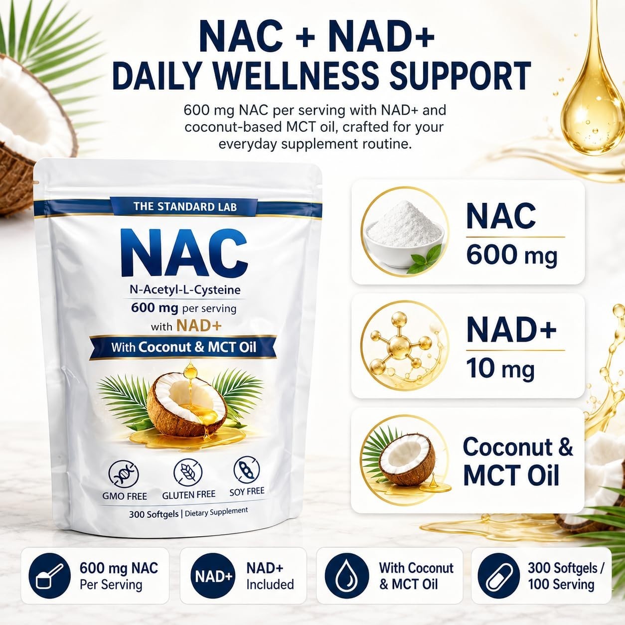 NAC 600mg with NAD+ Daily Complex, 300 Softgels – GMO Free, Gluten Free, Soy Fre