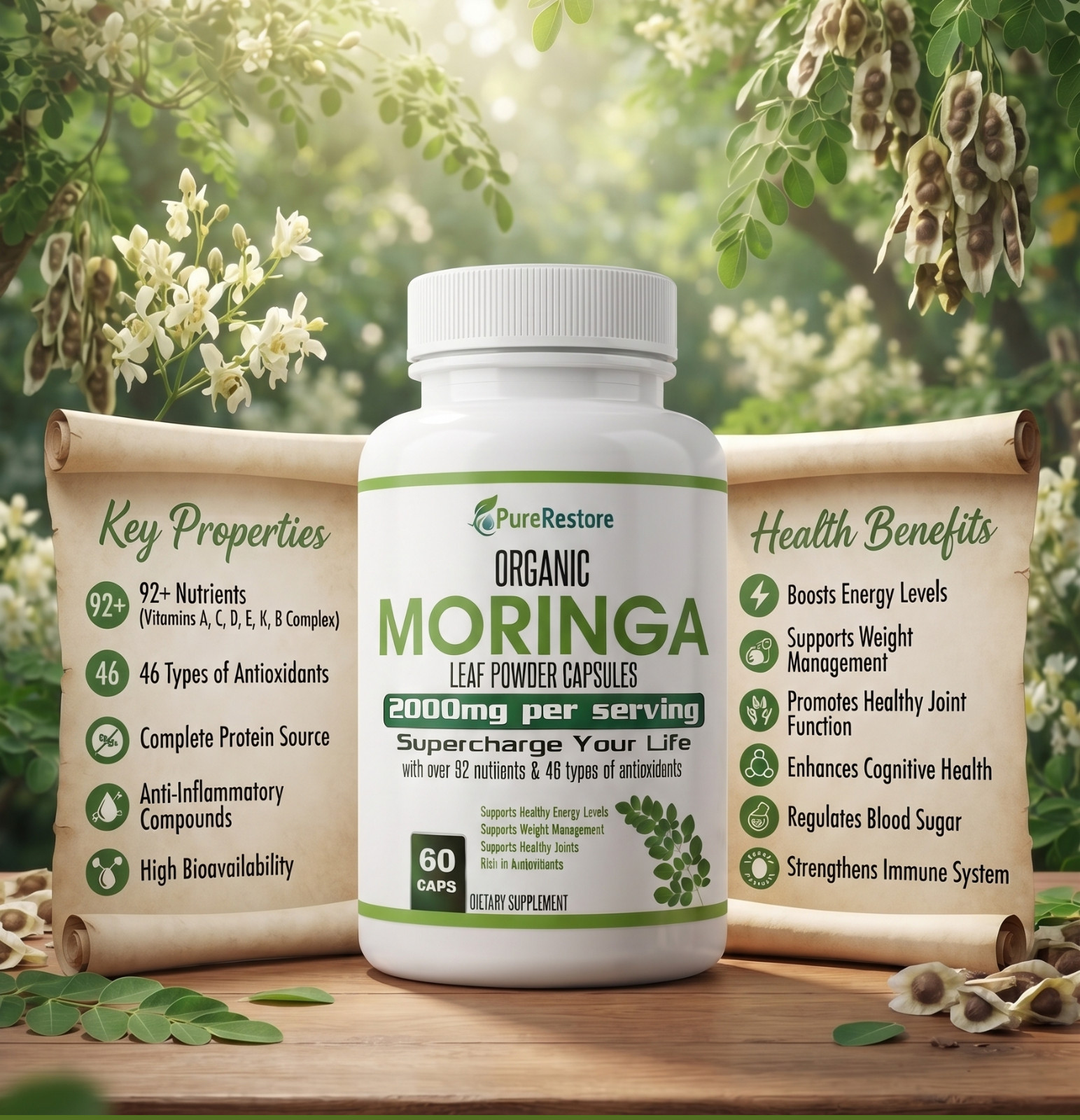 Organic Moringa Oleifera Capsules 2000mg, 60, 120, 180 Capsules