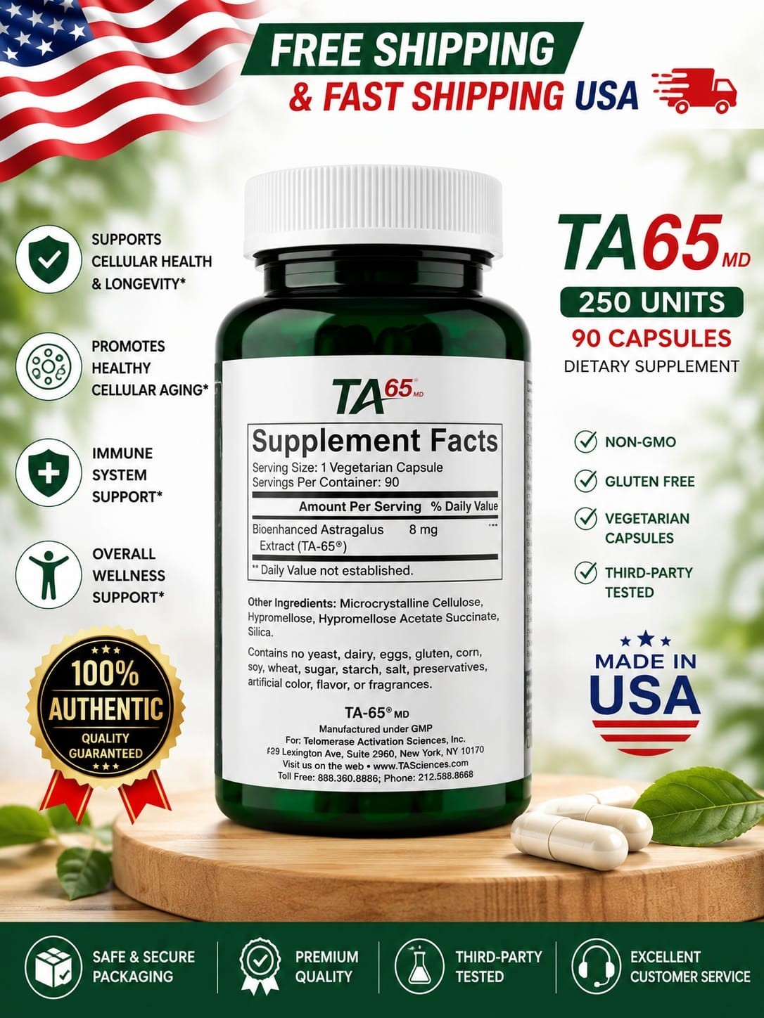 TA-65 Telomere Activation Rejuvenation Supplement, DNA Repair, Stem Cell 90 Caps
