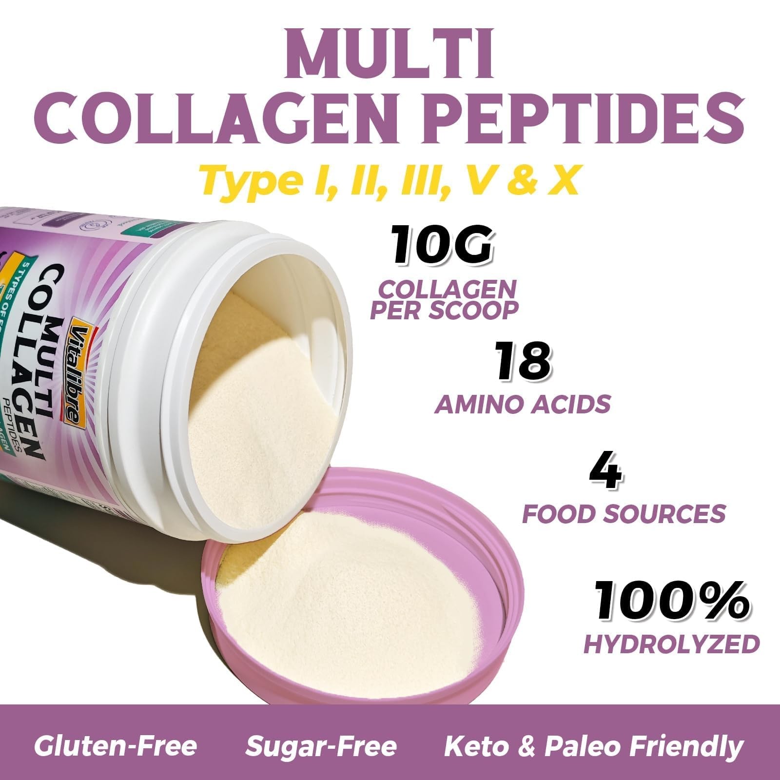 Vitalibre Multi Collagen Peptides Powder Type I II III V 1 Pound (Pack of 1)
