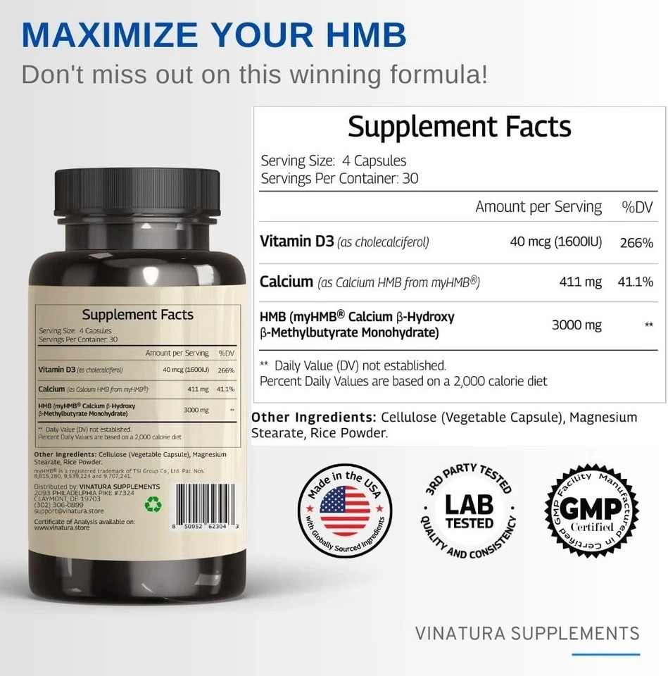 HMB 3000Mg and Vitamin D3 Supplement Capsules per Serving *USA Made & Tested* Pr