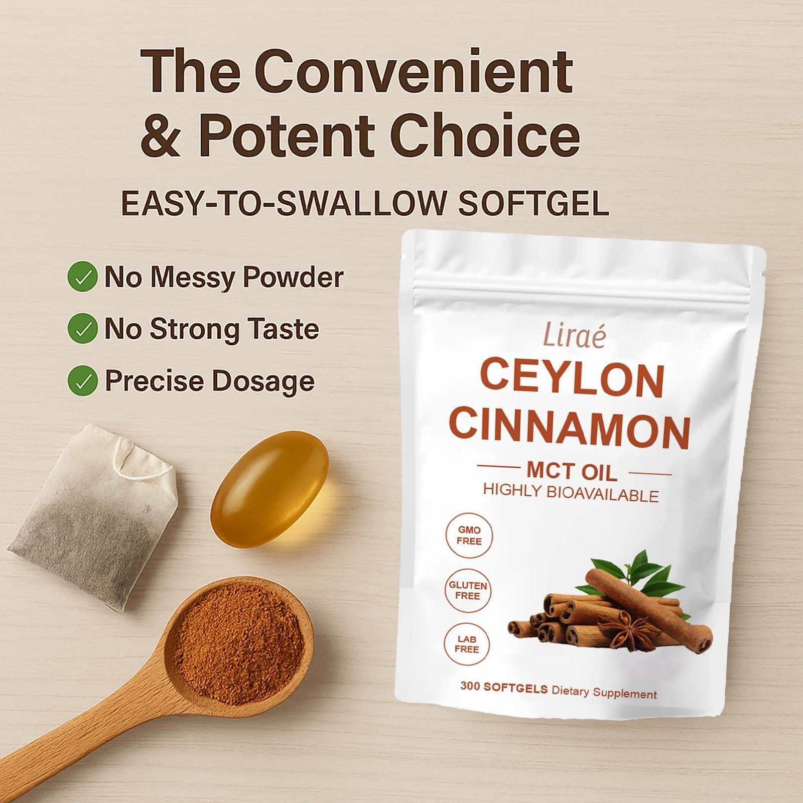 Ceylon Cinnamon Softgels with MCT Oil – 300 Non-GMO, Gluten-Free, Easy to Swallo