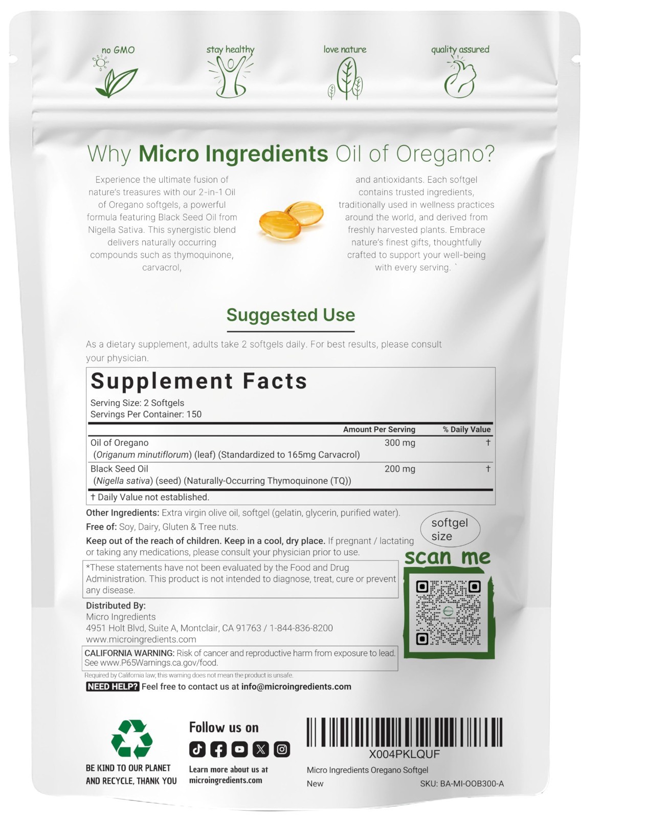 Oregano Oil Softgels 300 Count | 2-in-1 Black Seed Oil | 4X Carvacrol & Thymoqui