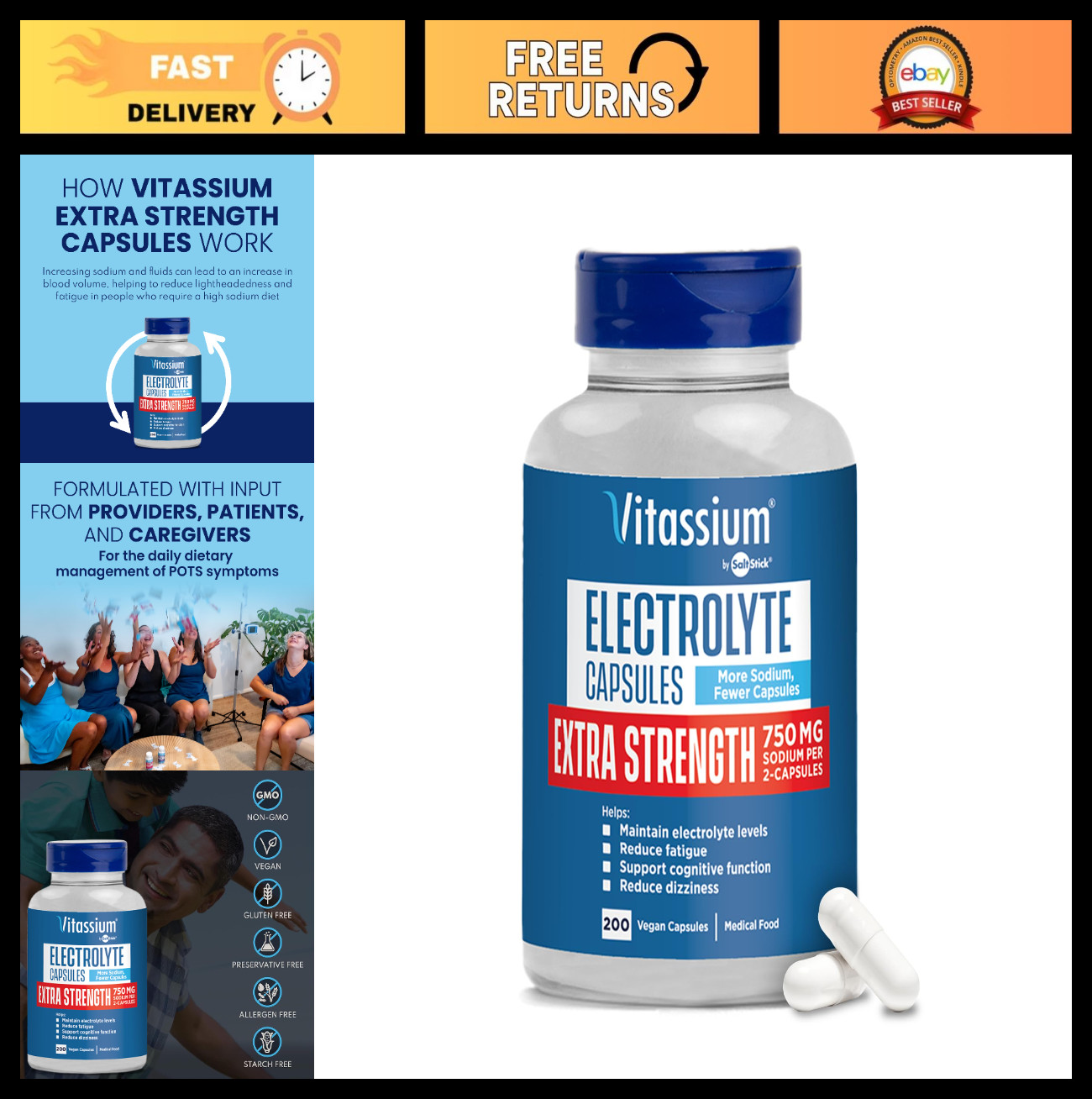 Extra Strength Electrolyte Capsules 750mg Sodium for POTS & High Sodium Diets –