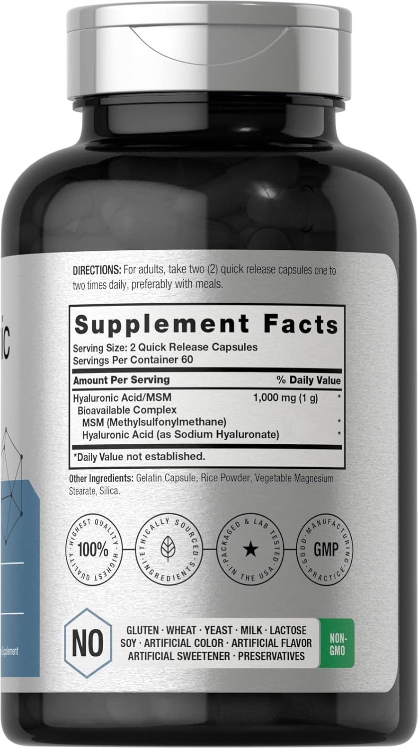 Hyaluronic Acid with MSM | 1000 mg | 120 Capsules | Non-GMO | Gluten Free USA