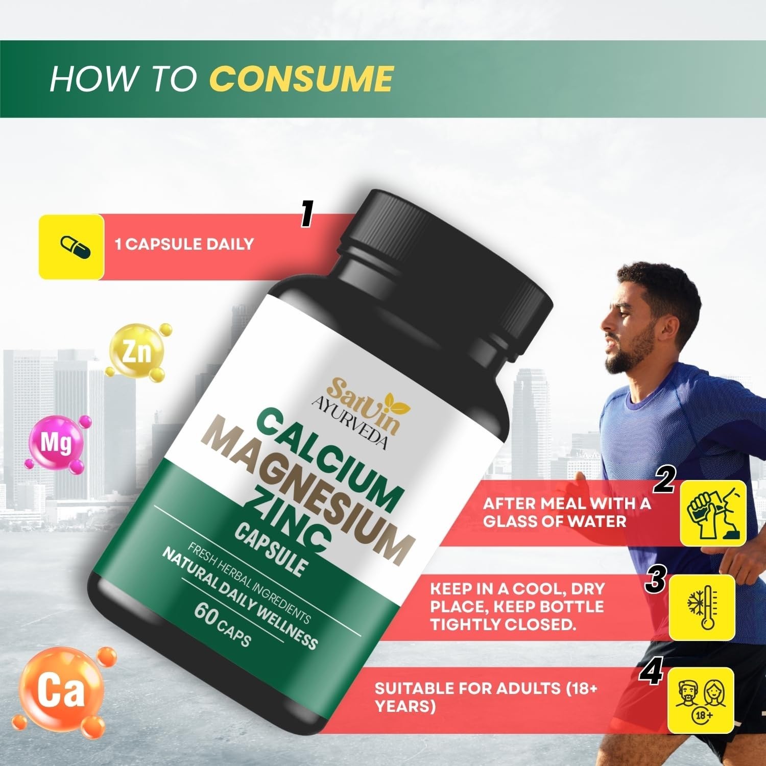SATV.IN Ayurveda Calcium Magnesium Zinc 60 Veg Capsules