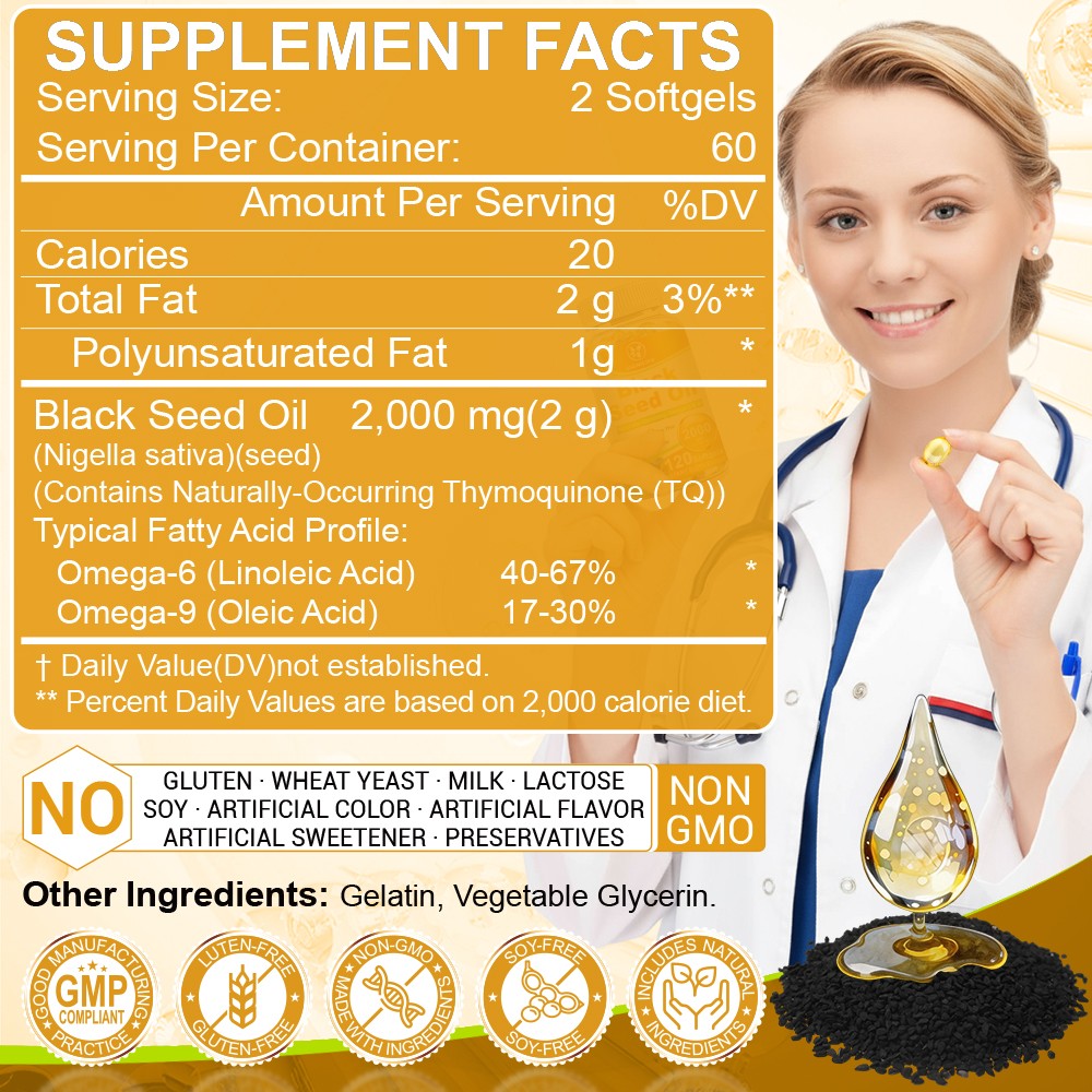 Black Seed Oil Capsules 2000mg 120 Count Softgels -Premium Cold Pressed Non-GMO