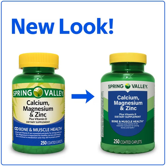 Spring Valley Calcium, Magnesium & Zinc Plus Vitamin D3 Coated Caplets, 250 Ct