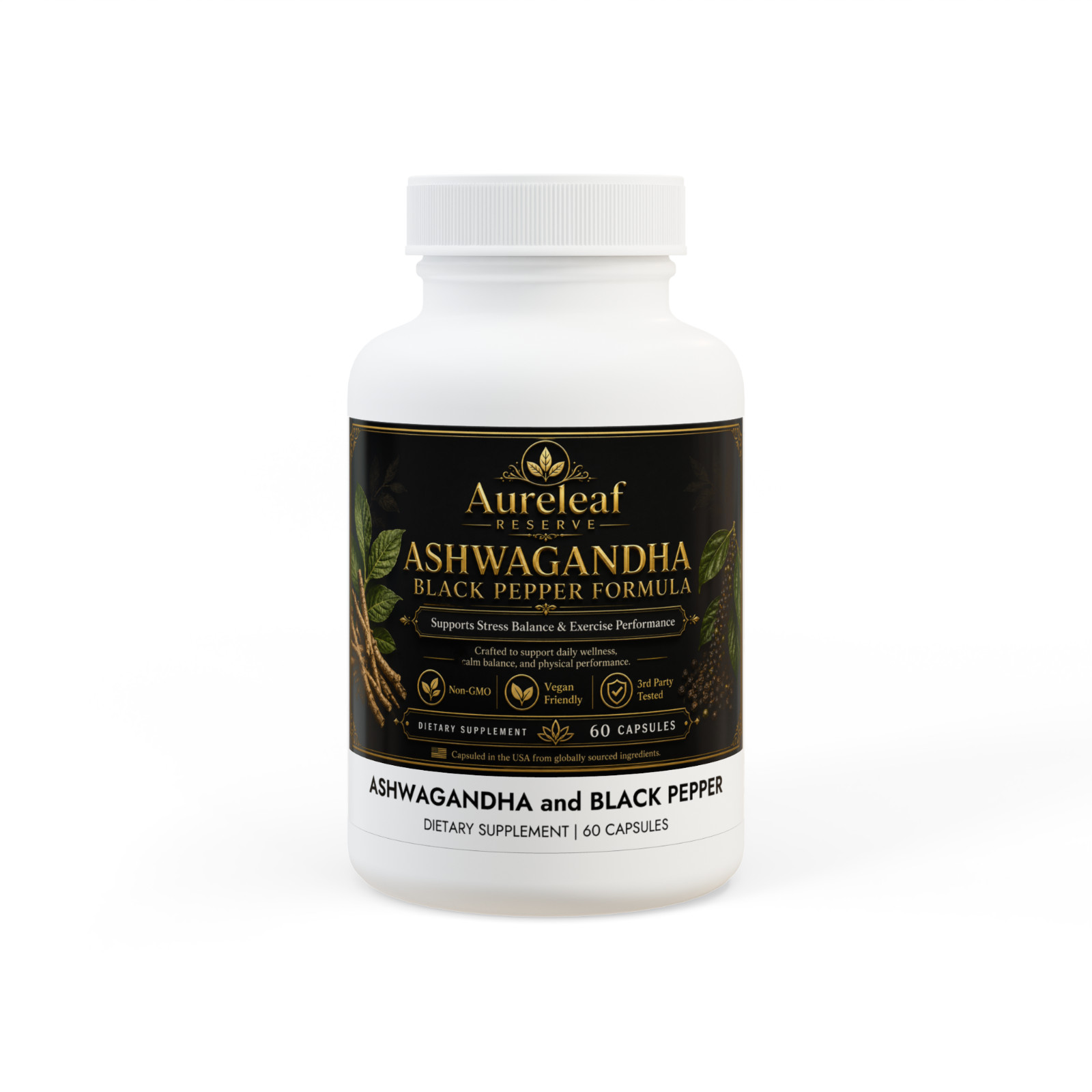 Ashwagandha Black Pepper Formula 60 Capsules Stress Support Vegan Non-GMO