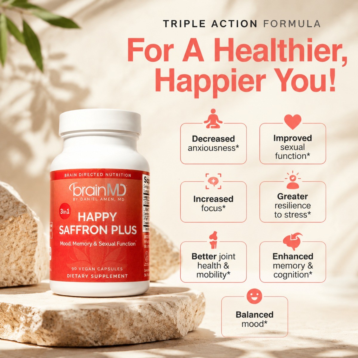 BrainMD Happy Saffron Plus | Mood, Memory & Stress Support, 90 Vegan Capsules