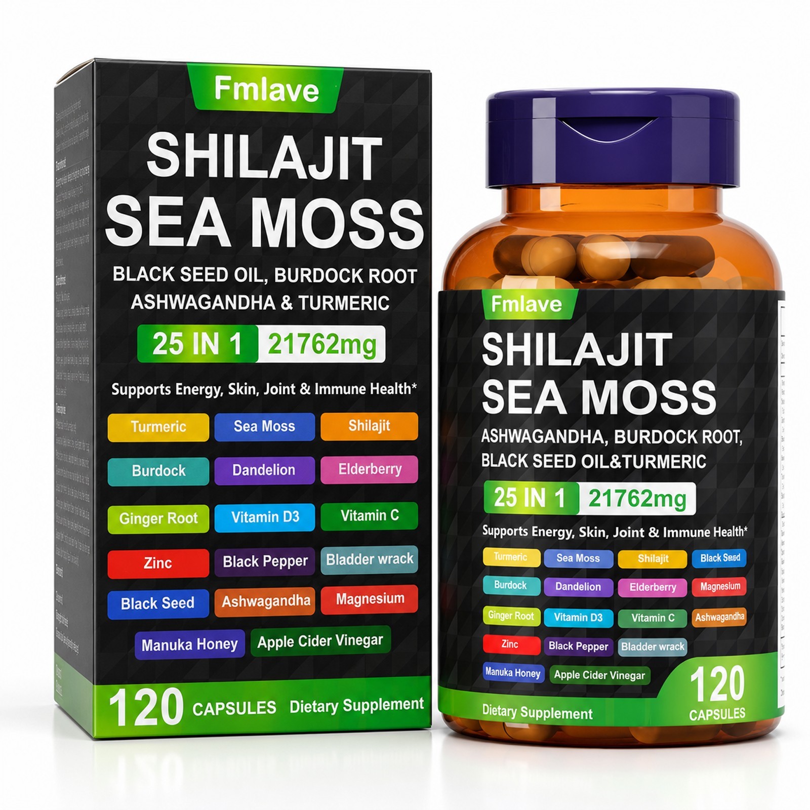 Sea Moss Black Seed Oil Ashwagandha Turmeric Ginger Shilajit Burdock 120 caps