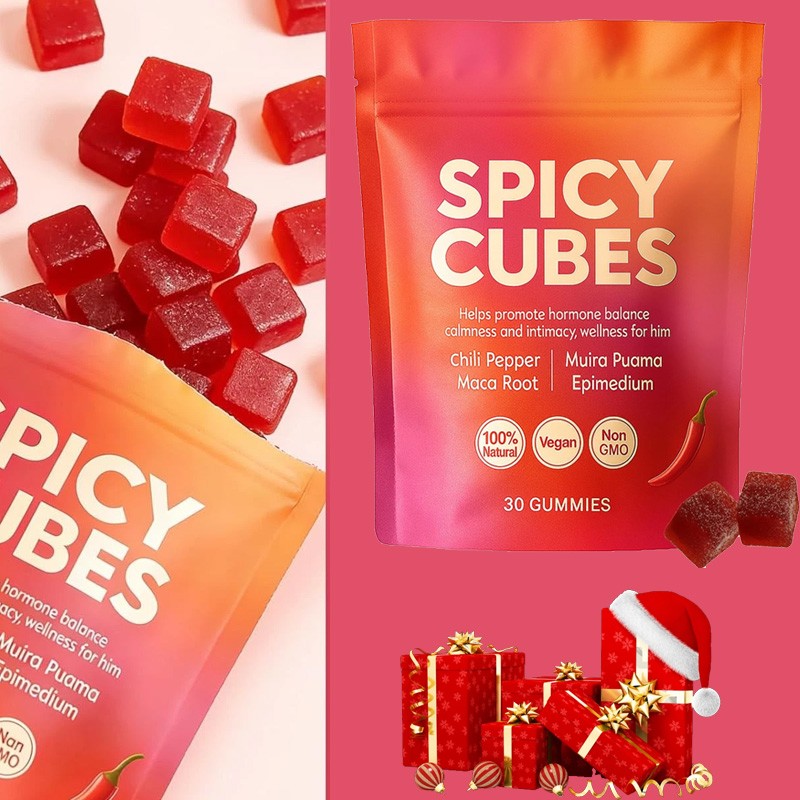 Spicy Cubes Hot Peach Gummies with Chili, Maca Root Vegan 30 Count