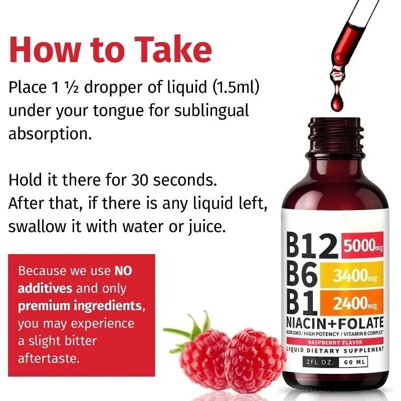 2-Bottles Vitamin B12 and B6 Liquid Drops B12 Complex – Vitamin B B1 Sublingual