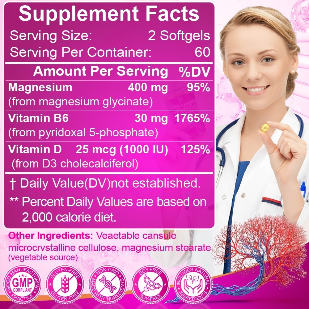 Magnesium Glycinate 400mg -4 * 120 Capsules For Sleep, Stress Relief Support Bon