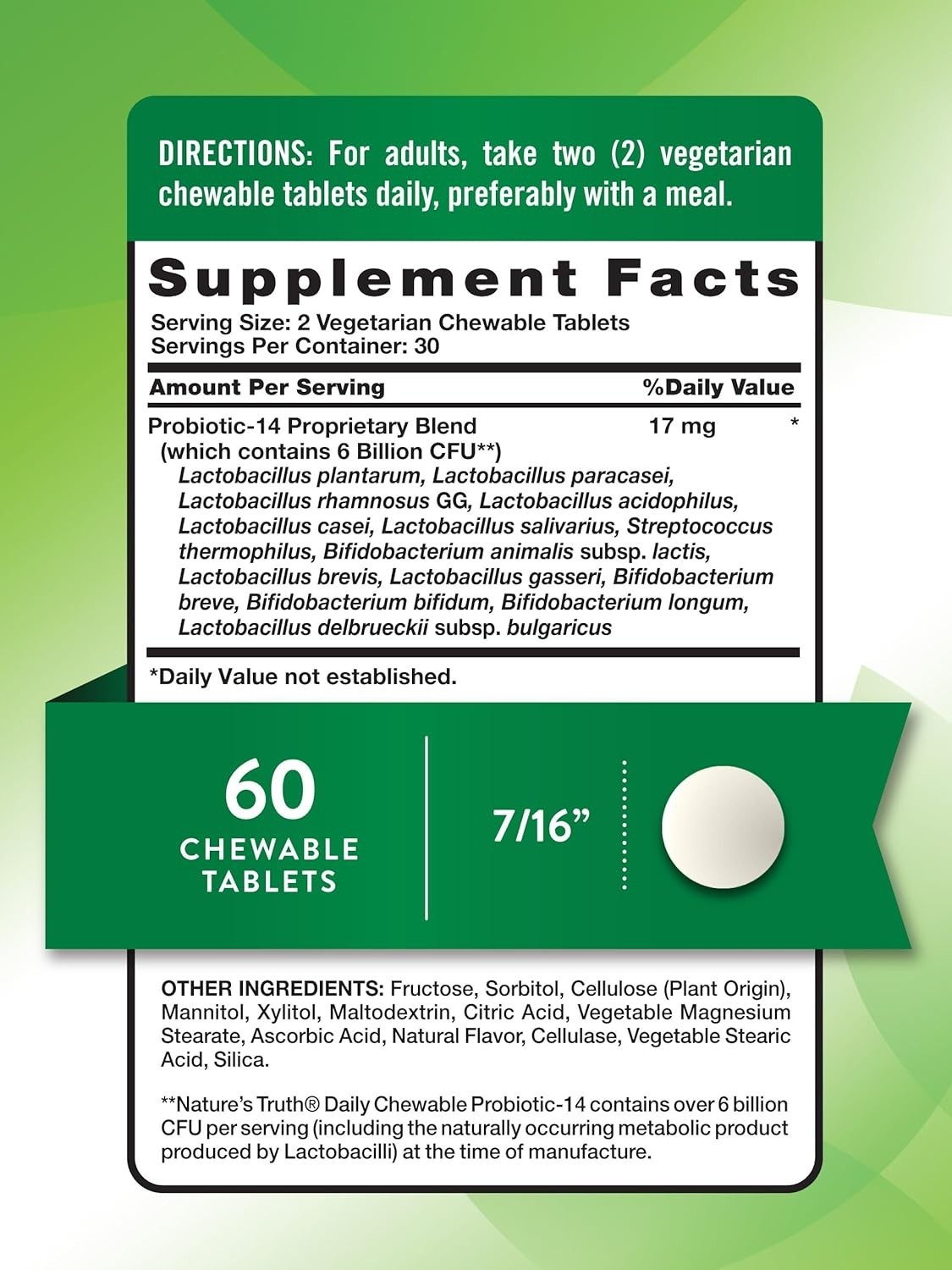 2 Pack Natures Truth Daily Chewable Probiotic-14 ( 6 Billion CFU ) total 120 tab