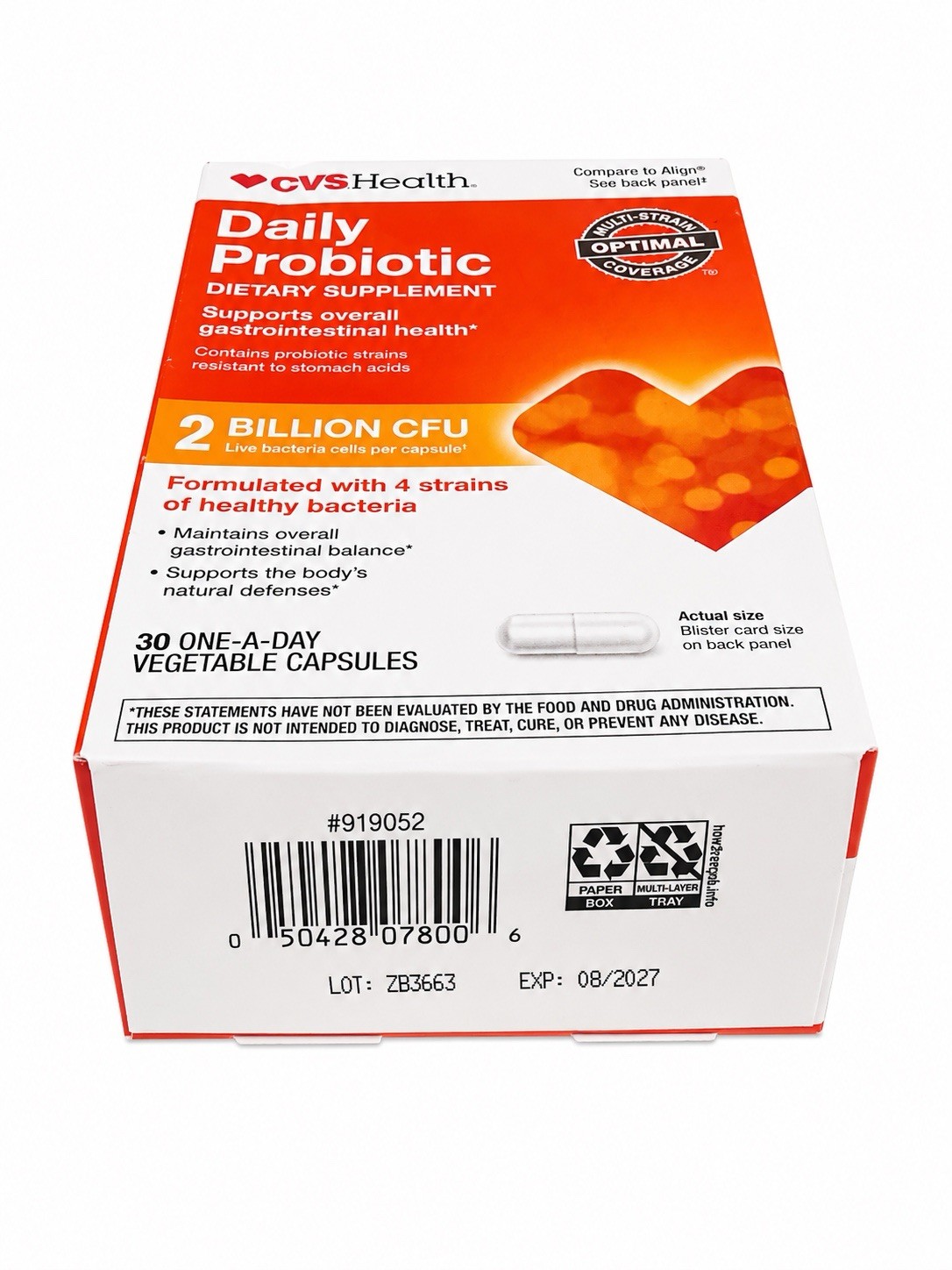 CVS Health Daily Probiotic 2 Billion CFU 30 Vegetable Capsules Exp 8/27
