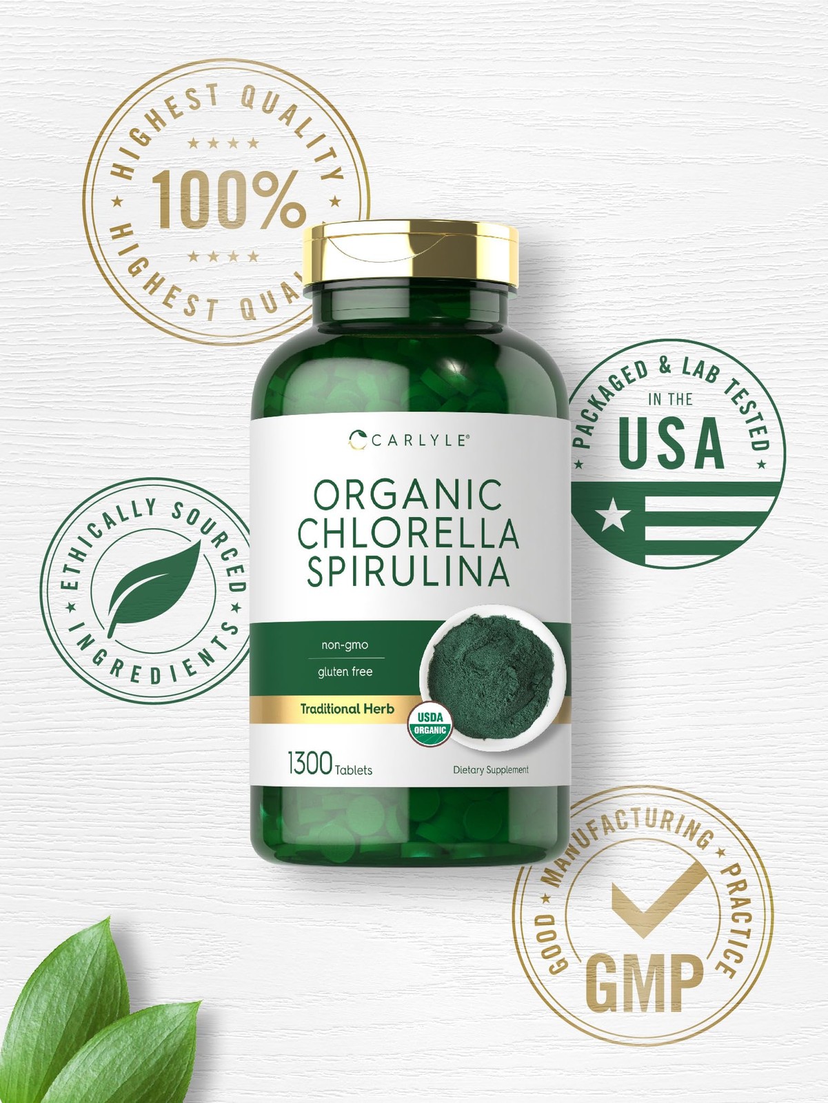 Carlyle Organic Chlorella Spirulina Tablets | 1300 1300 Count (Pack of 1)