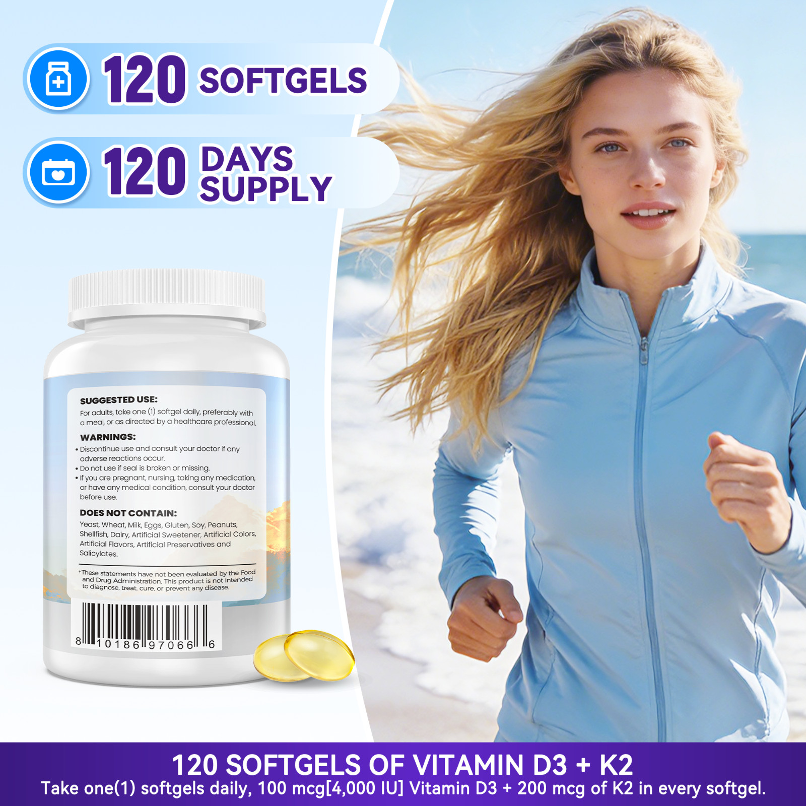 2-in-1 Formula Vitamin D3 4000IU (100 mcg) & 200 mcg K2 MK-7, Easy to Swallow