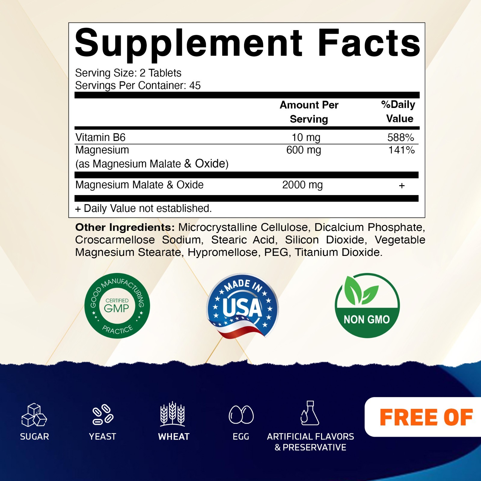 Vitamatic Magnesium Malate 2000mg per Serving – 90 Vegetarian Tablets – Added B6
