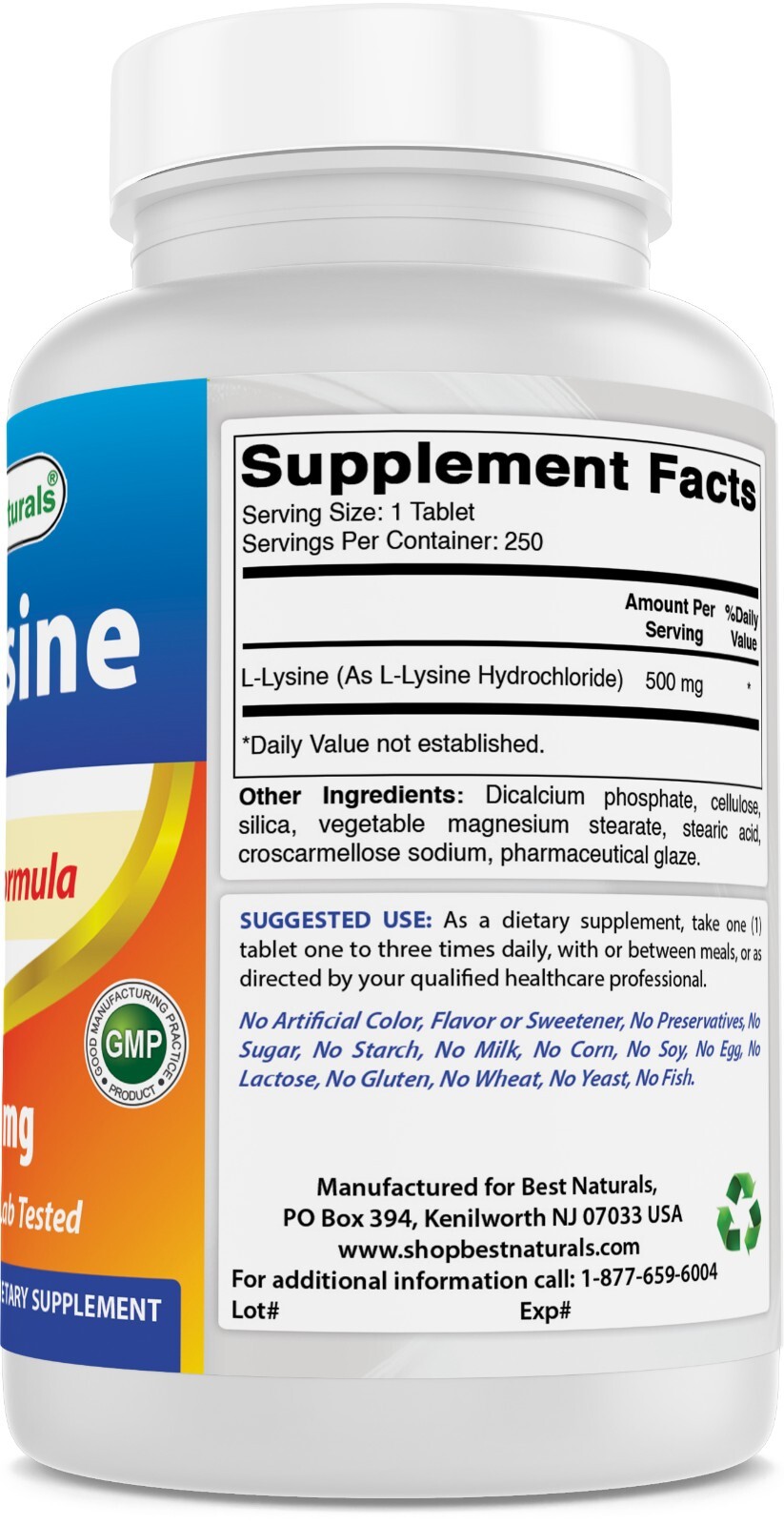 Best Naturals L-Lysine 500 mg 250 Tablets