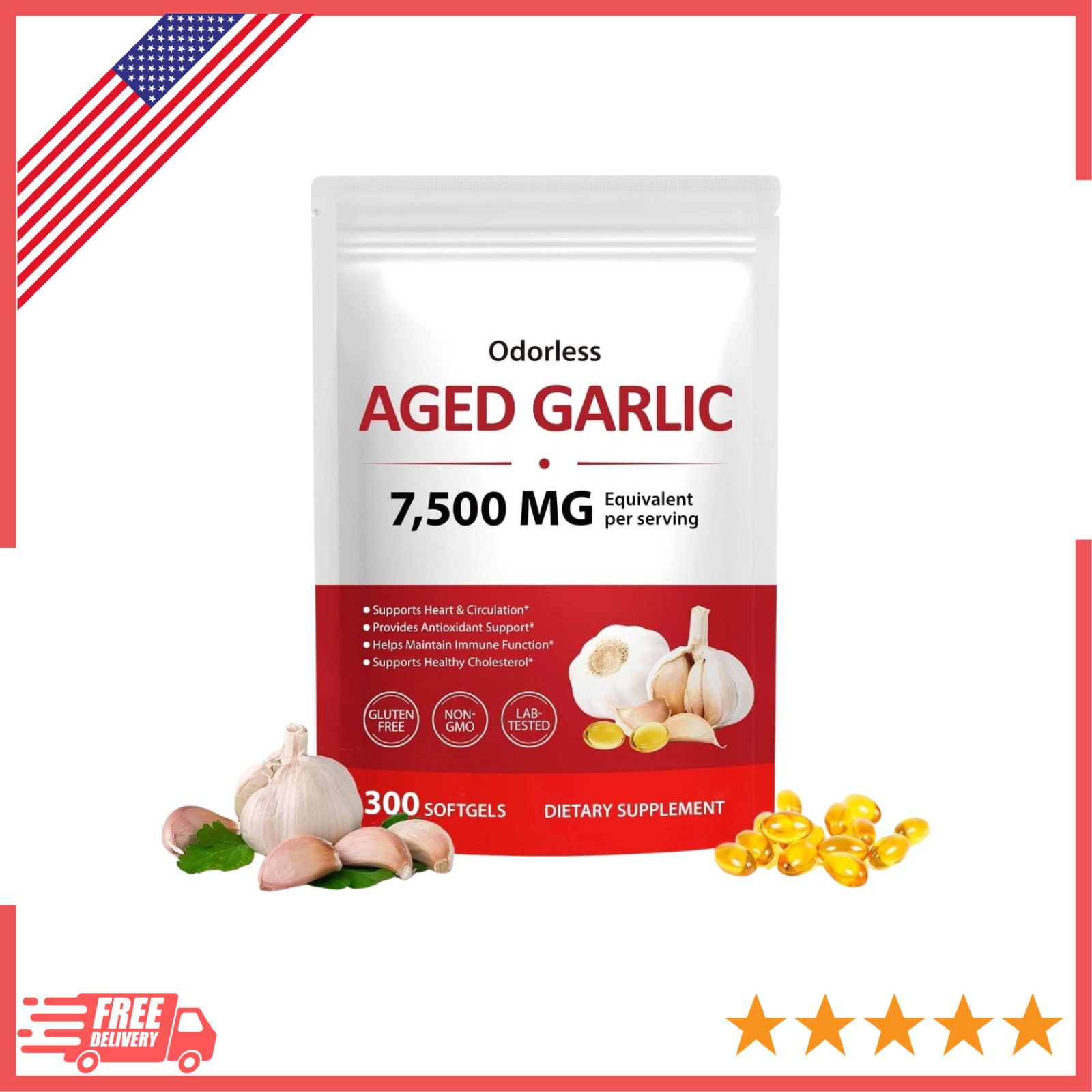 Odorless Garlic 7500Mg per Servings, 300 Softgels | 2 Years Aged Garlic Extra…