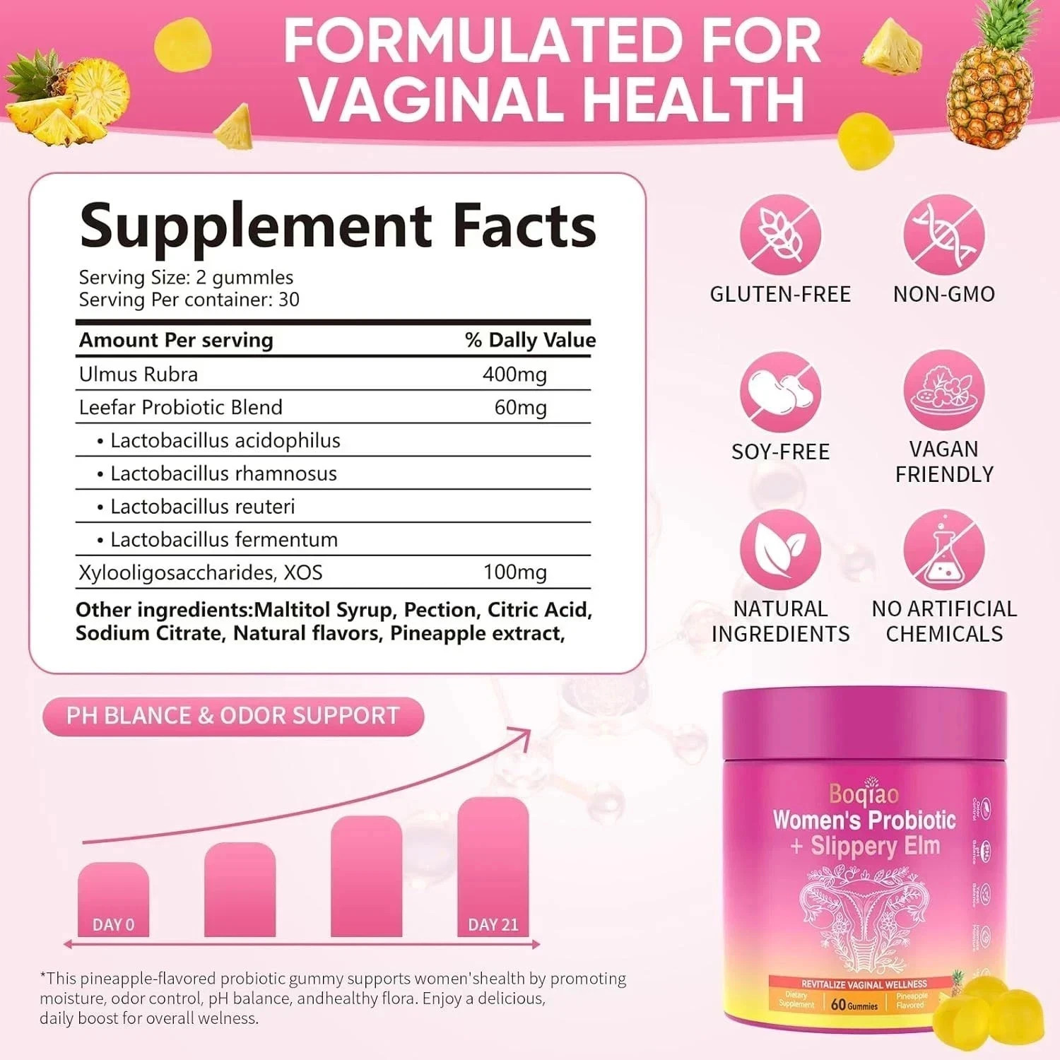 Probiotic Gummies + Slippery Elm🍍 Support Flora Women ph Balance Pineapple