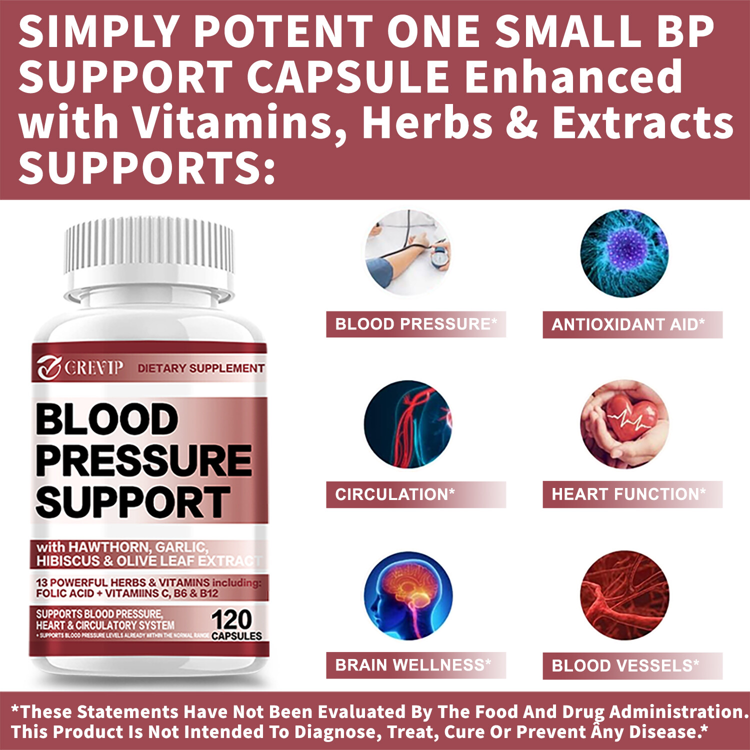 120pcs Blood Pressure Support-Hawthorn,Hibiscus,Olive Leaf-Cardiovascular Health