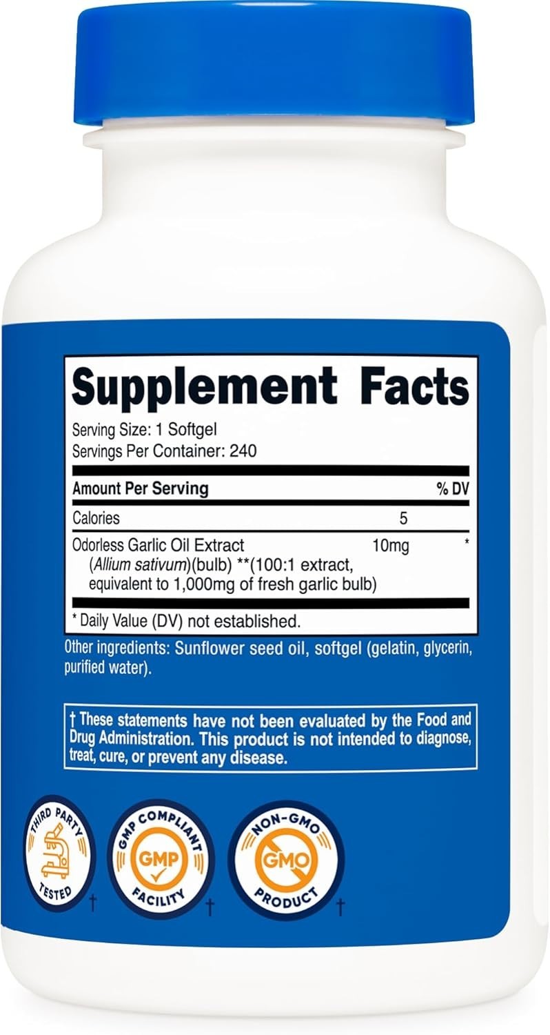 Ajo 1000 mg, 240 cápsulas blandas, inodoro, suplemento premium sin gluten.