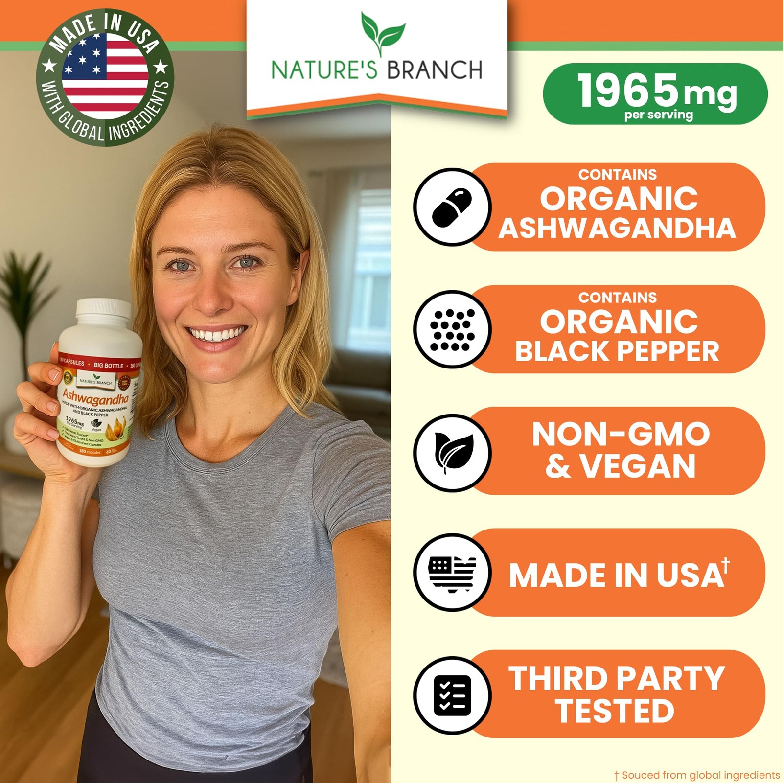 UDAF Certified Organic Ashwagandha with Black Pepper, 1965mg Extra Strength …