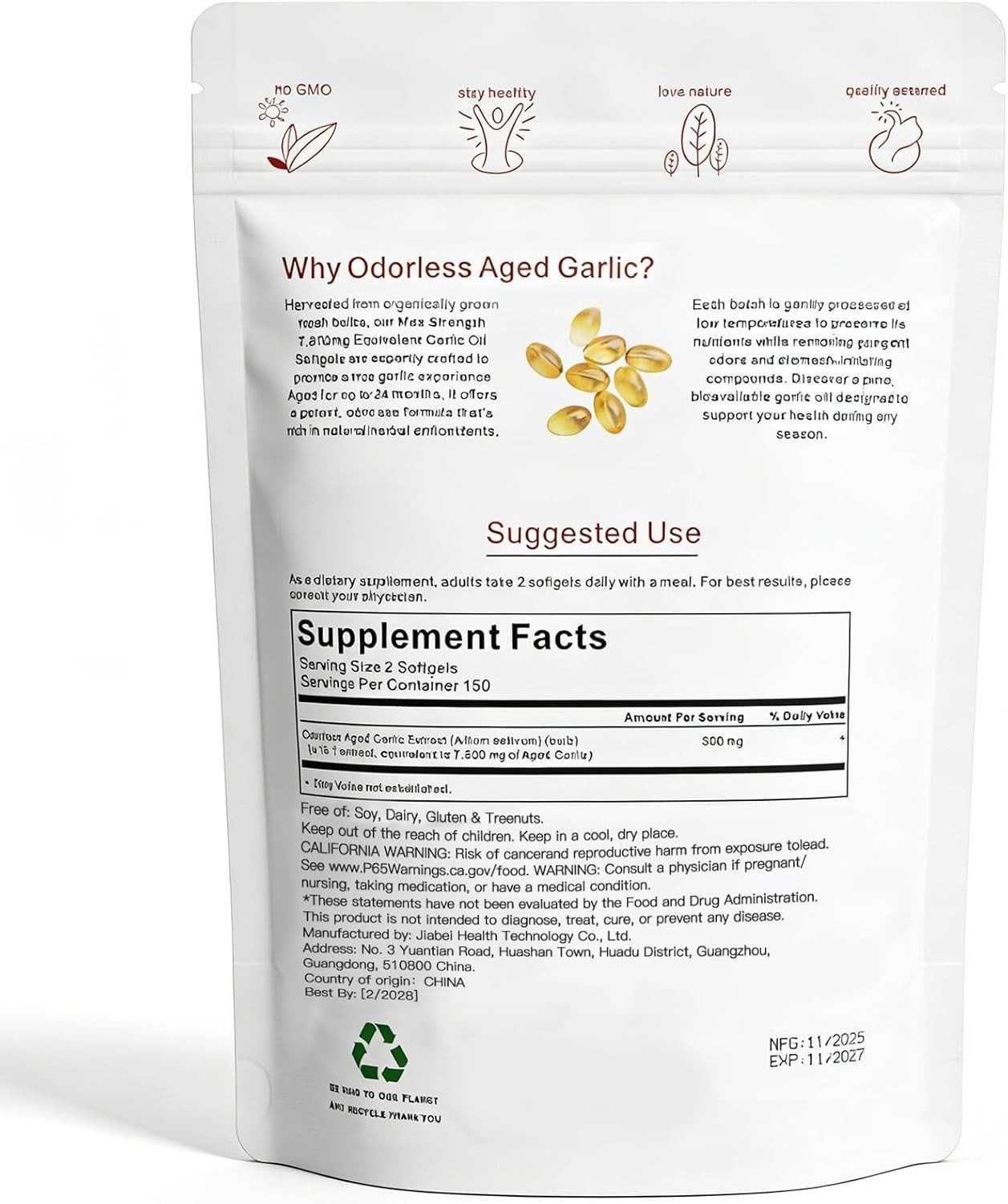 Odorless Garlic 7500mg Per Servings, 300 Softgels | 2 Years Aged Garlic Extra…