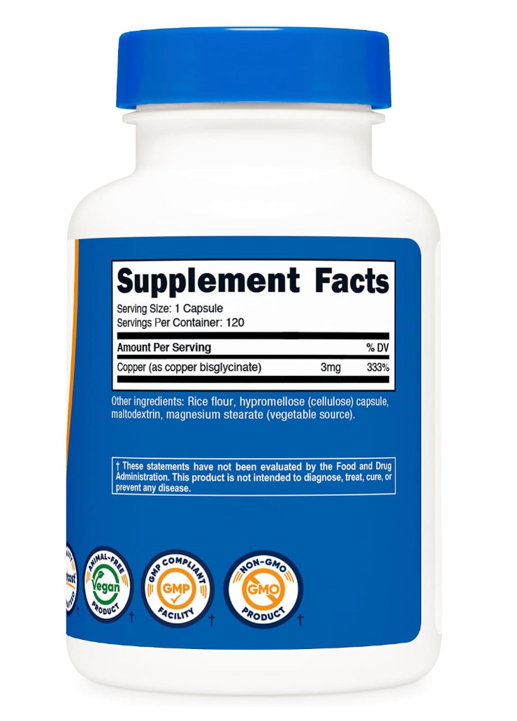 Nutricost Copper Glycinate 3mg 120 Vegan Capsules EXP 12/28