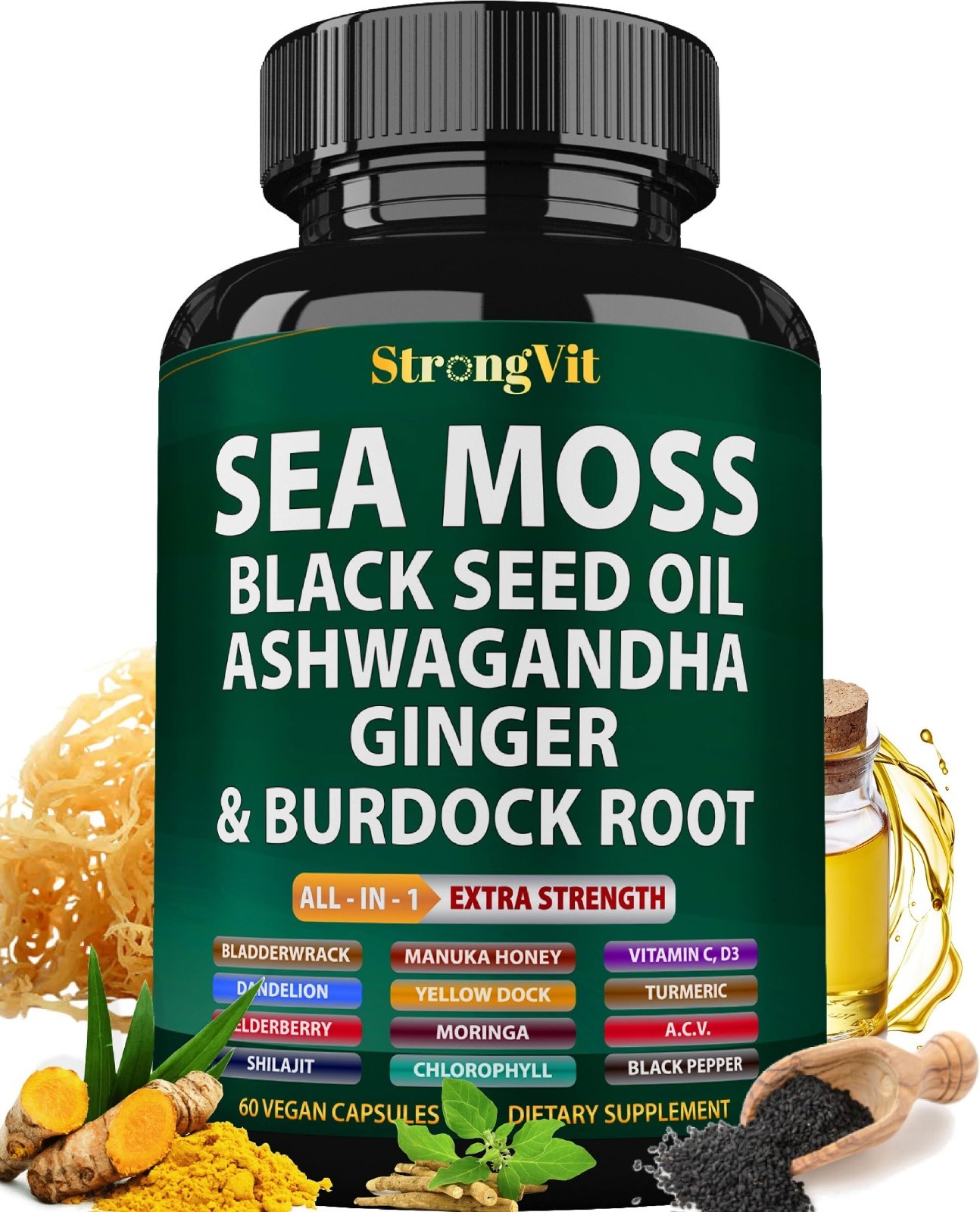 Organic Sea Moss Capsules with Black Seed Oil, Ashwagandha & Ginger – Multiminer
