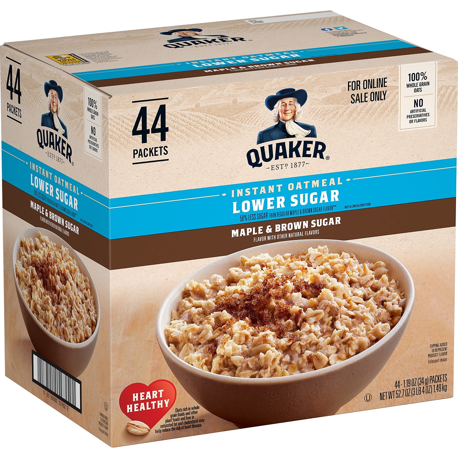 Quaker Instant Oatmeal Lower Sugar, Maple & Brown 1.19 Ounce (Pack of 44)