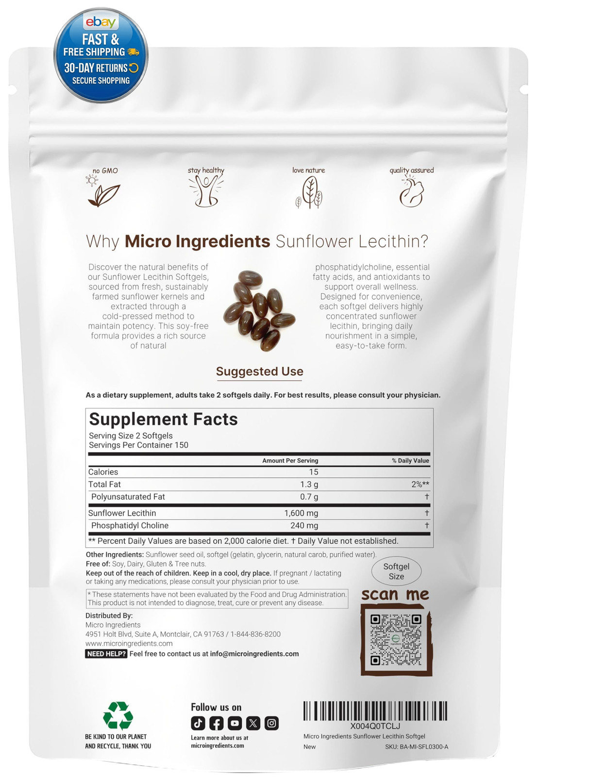 Sunflower Lecithin 1,600mg Per 300 Count (Pack of 1)