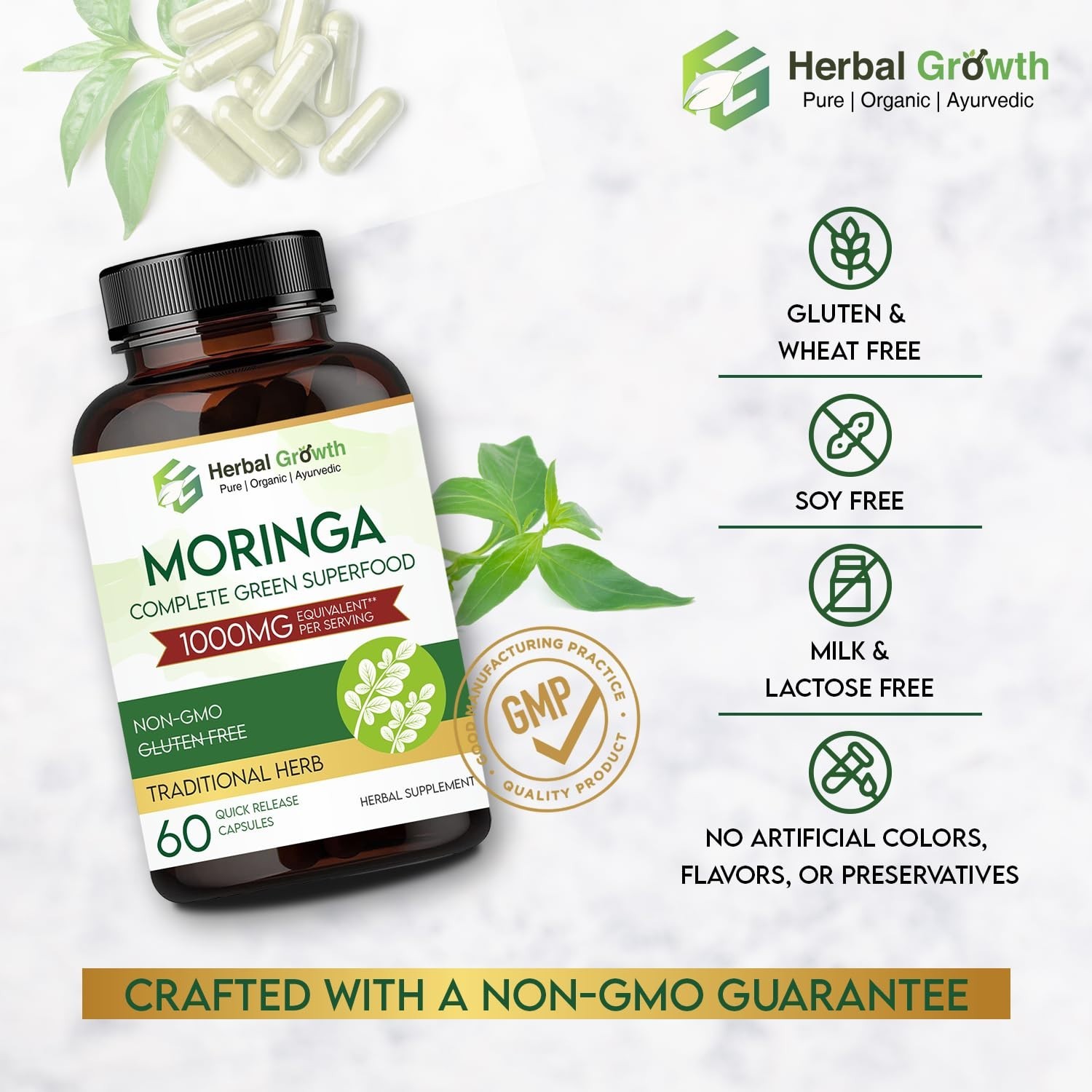 HERBAL.GROWTH Moringa 1000mg Capsules 60 Count Pack of 5