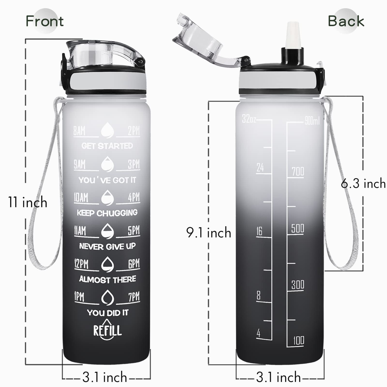 Enerbone 32 oz Water Bottle, Leakproof BPA & Toxic 32 Ounces, Gray-Black