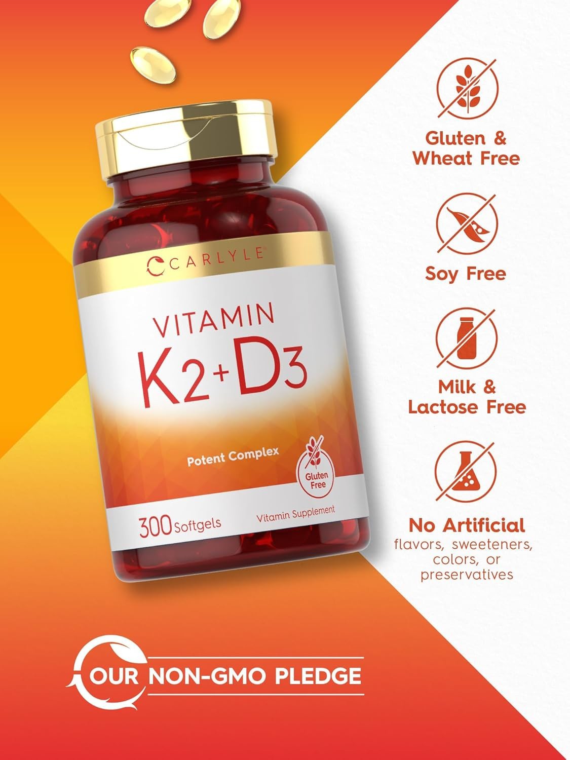 :Carlyle Vitamin K2 D3 Supplement 300 Softgels 200mcg MK-7 10000 IU D3 Non-GMO