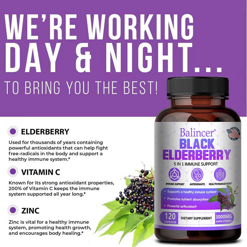 Black Elderberry 3000 mg Gluten Free,Non-GMO,Powerful Antioxidant 30/60/120 Caps