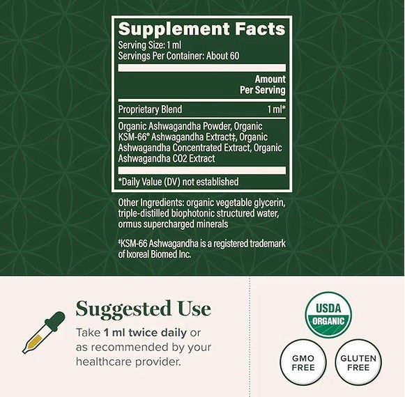 Organic Ashwagandha Drops KSM-66 Liquid Stress Support 2oz 01/2028